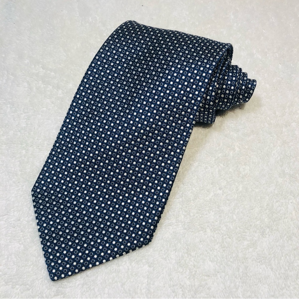 Faconnable Mens Tie Silk Navy Blue White Pin Dots Geometric 4" Made in France